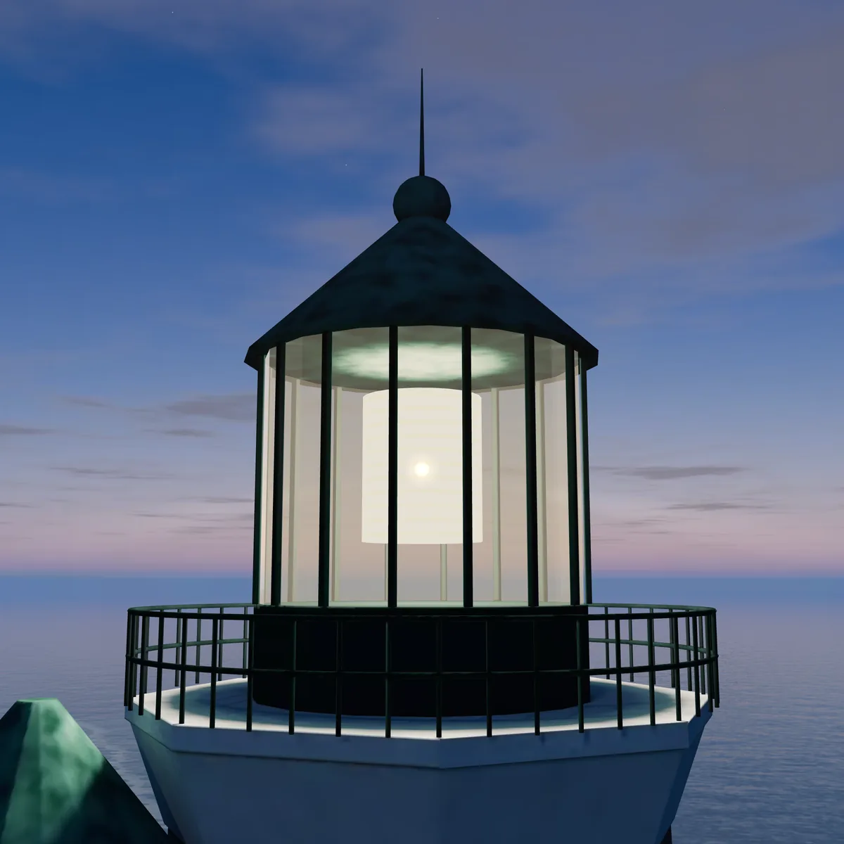 The lantern of the Mewia Kępa lighthouse at night, up close, from the height of the gallery: behind the panes the Fresnel lens glows, above it the copper dome green with patina, below it the gallery with its railing, the sea and the sky after sunset behind.
