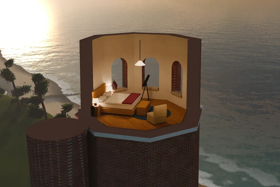 Crow’s Nest in section: The highest room, one floor below the lantern. Three windows from west to north and a telescope on a tripod. From late January to November the sun sets in one of the windows.
