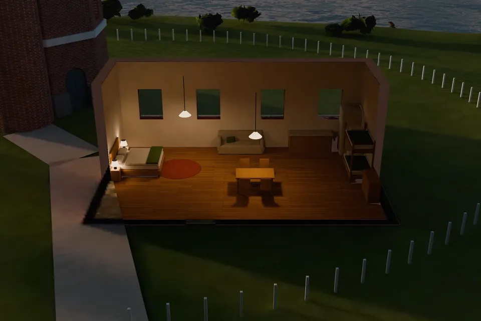 Keeper’s Room in section: The old keeper’s quarters in the house beside the tower: a double bed, bunk beds for children, a table and a tiled stove. The only room for four, and the only one where dogs are welcome.