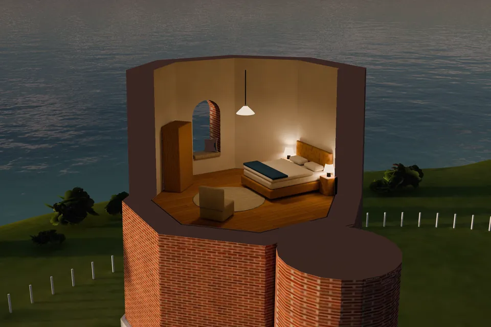 Cabin in section: A window to the north, straight out to the open sea. You won’t see the sun in it, but at night you can watch the lighthouse beam sweep over the water.